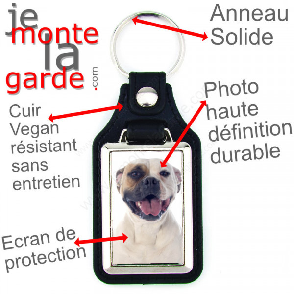 Porte-clés en cuir vegan et support en métal, avec la photo de votre Bouledogue Américain blanc et fauve, idée cadeau Boulam