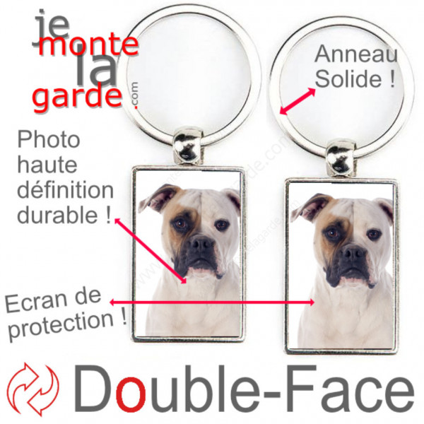 Porte-Clefs métallique double face photo Bouledogue Américain blanc et fauve, idée cadeau porte clés fer acier Boulam