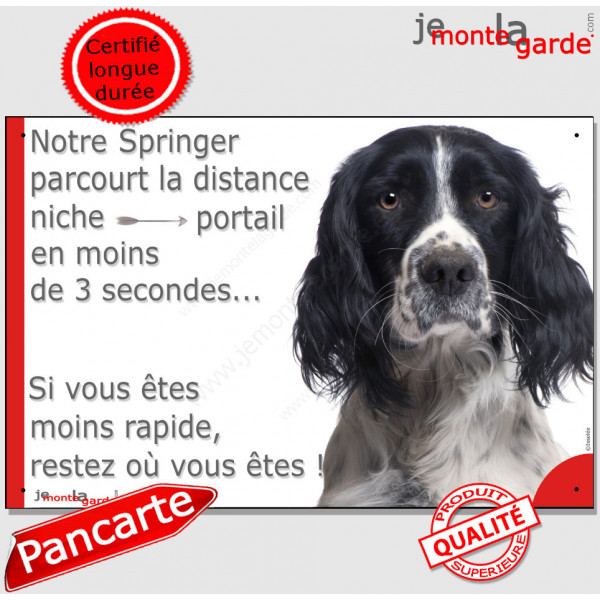 Springer noir Tête, plaque humour "parcourt distance Niche - Portail moins 3 secondes" pancarte panneau attention au chien drôle