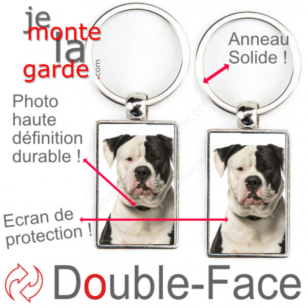 Porte-Clefs métallique double face photo Bouledogue Américain blanc et noir, idée cadeau porte clés fer acier Boulam