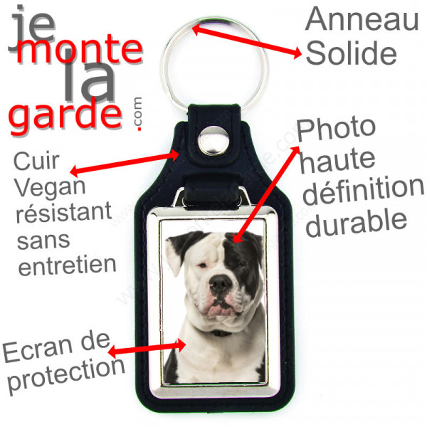 Porte-clés en cuir vegan et support en métal, avec la photo de votre Bouledogue Américain blanc et noir, idée cadeau Boulam