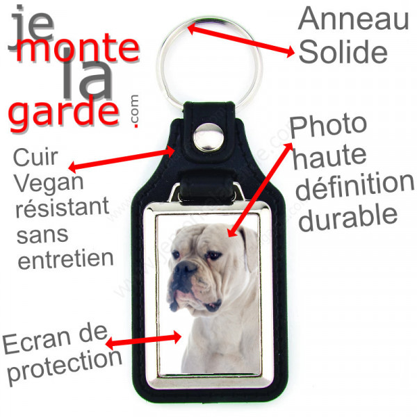 Porte-clés en cuir vegan et support en métal, avec la photo de votre Bouledogue Américain tout blanc, idée cadeau Boulam