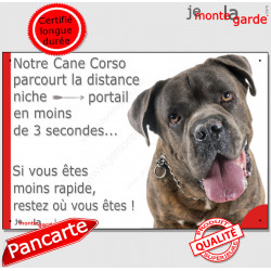 Cane Corso bringé, Plaque Portail humour Attention au chien "parcourt distance portail 3 secondes" photo