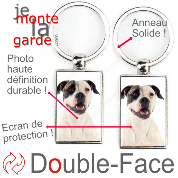 Porte-Clefs métallique double face photo Bouledogue Américain blanc et bringé, idée cadeau porte clés fer acier Boulam