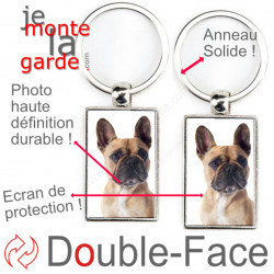 Porte-Clefs métallique double face photo Bouledogue Français fauve sable, idée cadeau porte clés fer acier