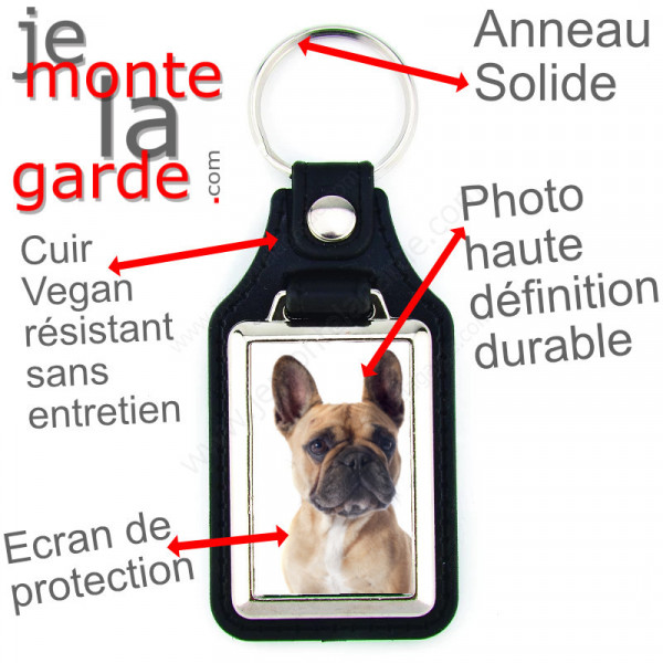 Porte-clés en cuir vegan et support en métal, avec la photo de votre Bouledogue Français fauve sable, idée cadeau porte clés