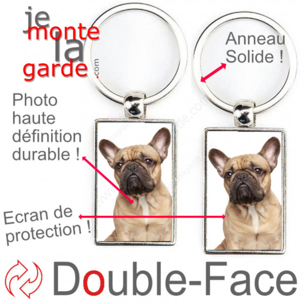 Porte-Clefs métallique double face photo Bouledogue Français fauve sable, idée cadeau porte clés fer acier