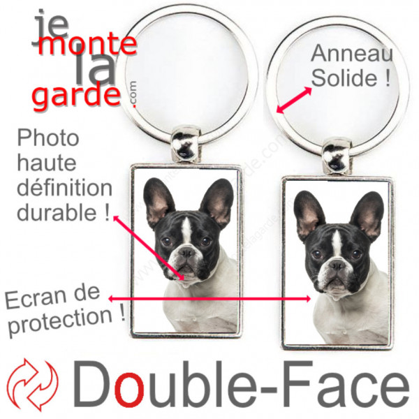 Porte-Clefs métallique double face photo Bouledogue Français caille blanc et noir, idée cadeau porte clés fer acier