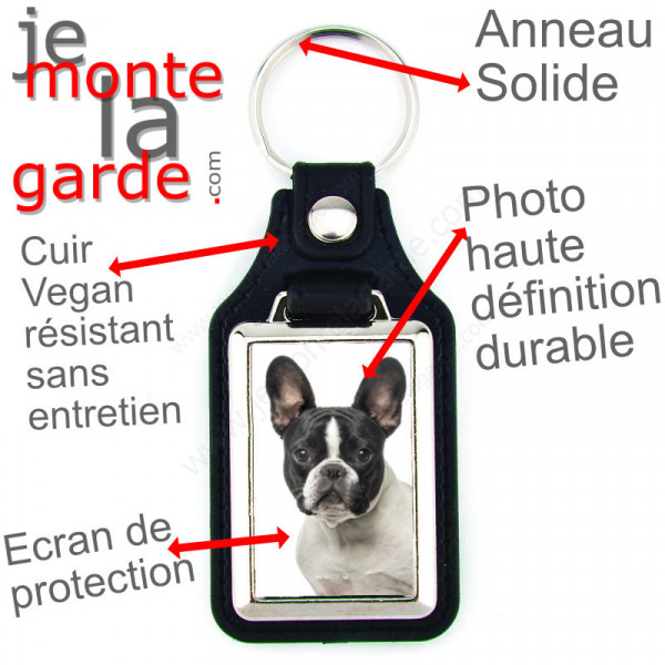 Porte-clés en cuir vegan et support en métal, avec la photo de votre Bouledogue Français caille blanc et noir, idée cadeau