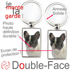 Porte-Clefs métallique double face photo Bouledogue Français caille blanc et noir, idée cadeau porte clés fer acier