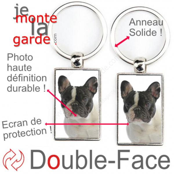 Porte-Clefs métallique double face photo Bouledogue Français caille blanc et noir, idée cadeau porte clés fer acier