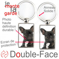 Porte-Clefs métallique double face photo Bouledogue Français bringé noir, idée cadeau porte clés fer acier