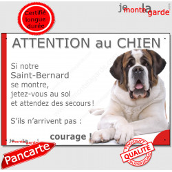 Saint-Bernard couché, plaque portail humour "Attention au Chien, Jetez Vous au Sol, courage" pancarte photo panneau drôle