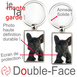 Porte-Clefs métallique double face photo Bouledogue Français bringé noir, idée cadeau porte clés fer acier