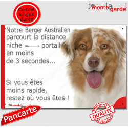 Berger Australien Rouge Merle, plaque humour "distance Niche - Portail en moins de 3 secondes" pancarte drôle photo Aussie