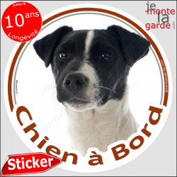 Jack Russell Terrier blanc et noir, sticker autocollant rond "Chien à Bord" Disque photo adhésif vitre voiture