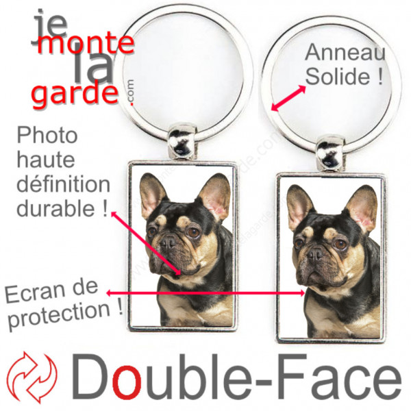 Porte-Clefs métallique double face photo Bouledogue Français noir et feu, idée cadeau porte clés fer acier