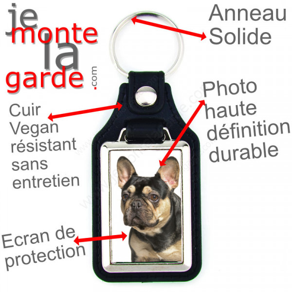 Porte-clés en cuir vegan et support en métal, avec la photo de votre Bouledogue Français noir et feu, idée cadeau