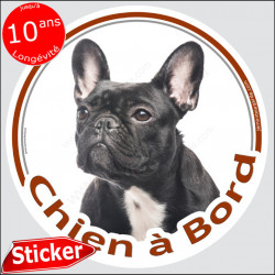 Bouledogue Français bringé, sticker voiture rond "Chien à Bord" 15 cm