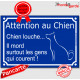 "Attention au Chien - Chien louche, il mord surtout les gens qui courent !" Plaque bleu portail humour marrant drôle panneau rue