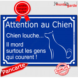 "Attention au Chien - Chien louche, il mord surtout les gens qui courent !" Plaque bleu portail humour marrant drôle panneau rue