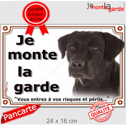 Labrador noir, plaque portail "Je Monte la Garde risques périls" pancarte panneau photo