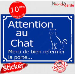 "Attention aux Chats, merci de bien refermer la porte" panneau autocollant bleu pluriel affiche pancarte sticker adhésif