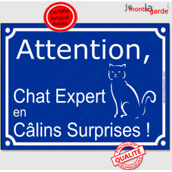 Plaque ou sticker portail bleu humour "Attention au Chat Expert en Câlins Surprises !" pancarte panneau