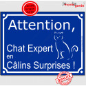 Plaque ou sticker portail bleu "Attention au Chat Expert en Câlins !" 16 cm