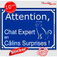 Autocollant portail bleu humour "Attention au Chat Expert en Câlins Surprises !" pancarte panneau 