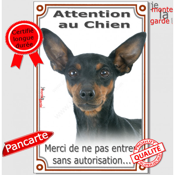 Pinscher noir et feu Tête, plaque portail "Attention au Chien, interdit sans autorisation" pancarte photo verticale panneau