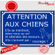 Plaque portail bleue pluriel humoristique "Attention aux Chiens, s'ils se montrent, jetez-vous au sol et attendez des secours...