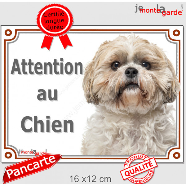 Shih-Tzu fauve Tête, plaque portail "Attention au Chien" pancarte entrée, panneau photo race Shih-Tsu sable beige crème