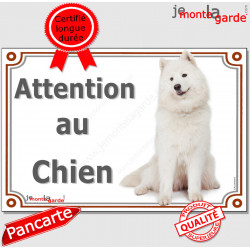 Samoyède assis, plaque portail "Attention au Chien" pancarte panneau photo