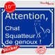 Sticker autocollant porte bleu humour "Attention au Chat Squatteur de Genoux !" pancarte panneau chat câlin affectueux