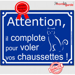 Plaque ou sticker portail bleu humour "Attention au Chat il complote pour voler vos Chaussettes !" pancarte panneau