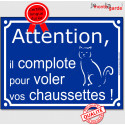 Plaque ou sticker portail bleu "Attention au Chat Voleur de Chaussettes !" 16 cm