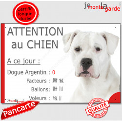 Dogue Argentin, plaque humour "Nombre de Voleurs, ballons, facteurs, Attention au Chien" 24 cm