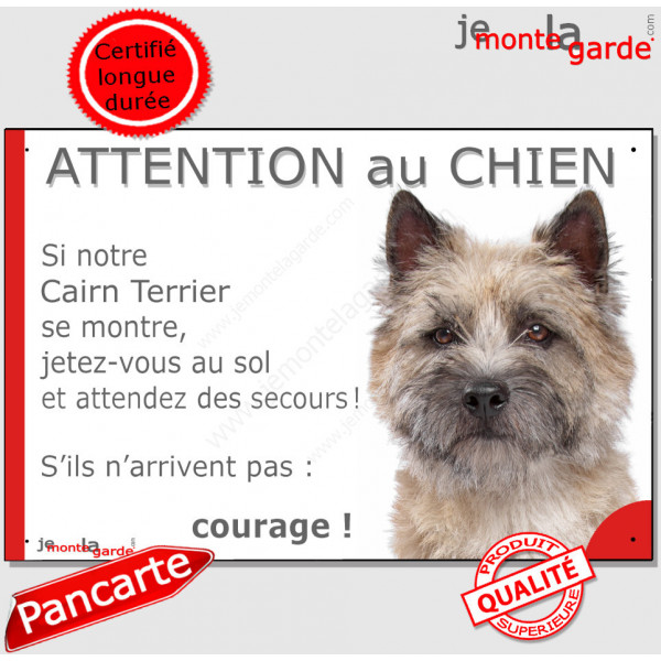 Cairn Terrier fauve, plaque portail humour "Attention au Chien, Jetez Vous au Sol, secours, courage" Pancarte rue drôle sable