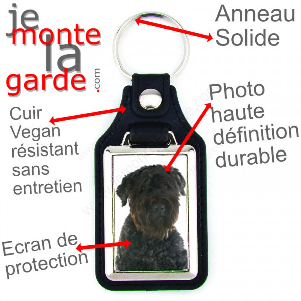 Porte-clés en cuir vegan et support en métal, avec la photo de votre Bouvier des Flandres, idée cadeau porte clés