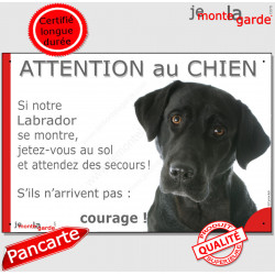 Labrador Noir, plaque humour "Attention au Chien, Jetez Vous au Sol, attendez secours courage" pancarte drôle photo
