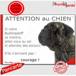 Bullmastiff bringé, plaque portail humour "Attention au Chien, Jetez Vous au Sol, attendez secours courage" pancarte drôle photo