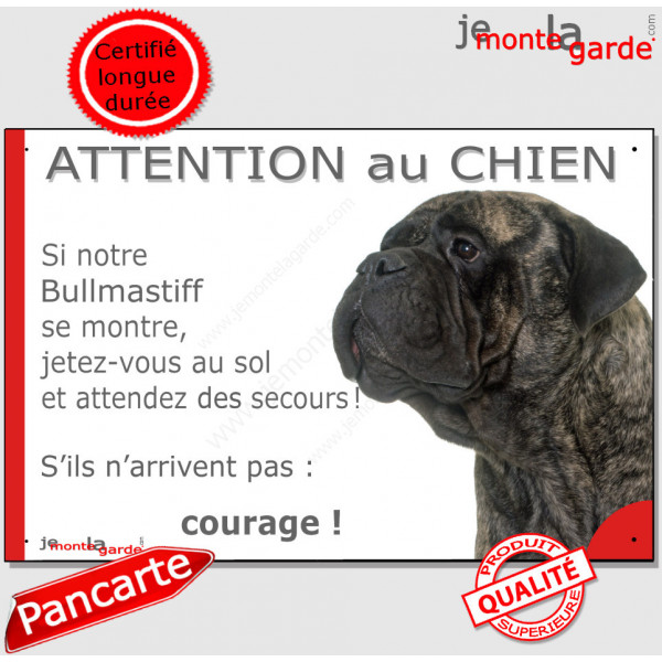 Bullmastiff bringé, plaque portail humour "Attention au Chien, Jetez Vous au Sol, attendez secours courage" pancarte drôle photo