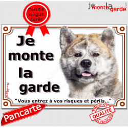 Akita Inu bringé Tête, plaque portail "Je Monte la Garde, risques et périls" pancarte panneau bringué attention au chien