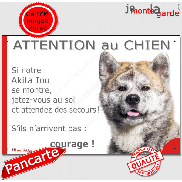 Akita Inu Japonais bringé, plaque portail humour "Attention au Chien, Jetez Vous au Sol, attendez secours, courage" photo