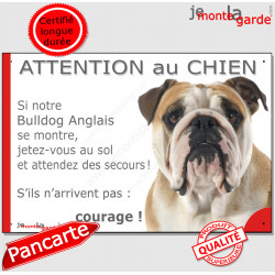 Bulldog Anglais fauve, plaque portail humour "Attention au Chien, Jetez Vous au Sol" 24 cm JET