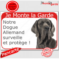 Dogue Allemand gris bleu, plaque portail rouge "Je Monte la Garde surveille protège" pancarte fluo visible photo Danois