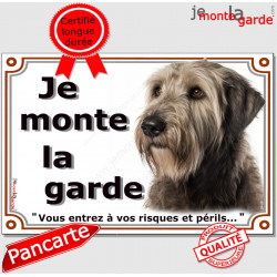 Irish Wolfhound, Lévrier Irlandais, plaque portail "Je Monte la Garde, risques périls" panneau affiche pancarte photo