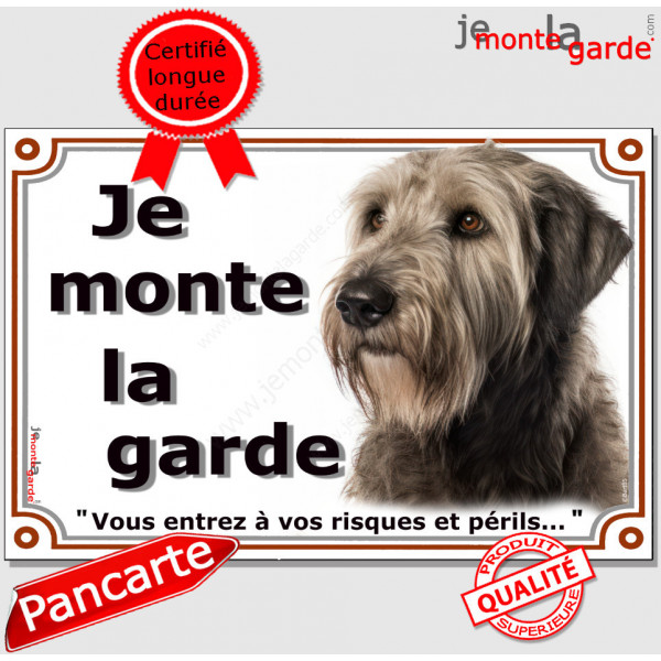 Irish Wolfhound, Lévrier Irlandais, plaque portail "Je Monte la Garde, risques périls" panneau affiche pancarte photo