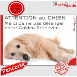 Plaque portail humour "Attention au Chien, Merci de ne pas déranger notre Golden Retriever" pancarte panneau feignant dort photo